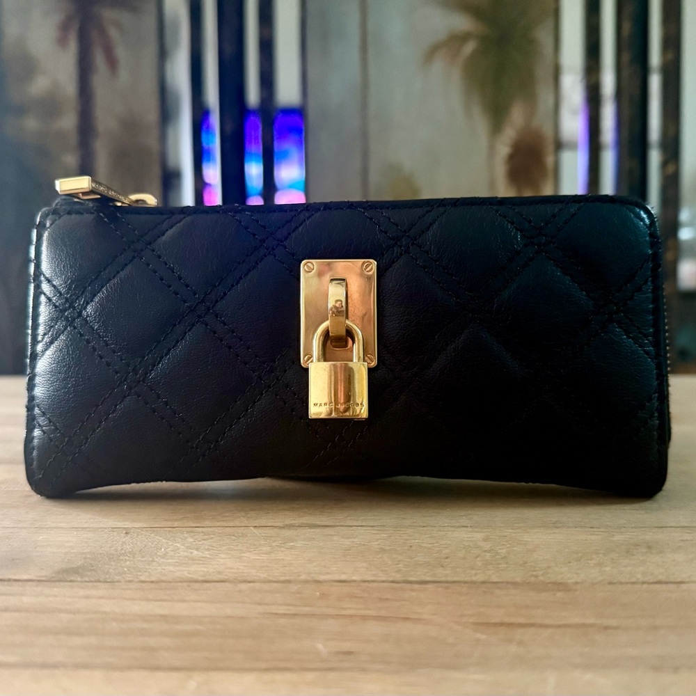 Marc Jacobs Black Quilted Lambskin Leather Zip Around Wallet with Gold Lock